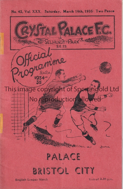 PALACE / BRIGHTON Programme Crystal Palace v Brighton & Hove Albion 16/3/1935. Restored at staple