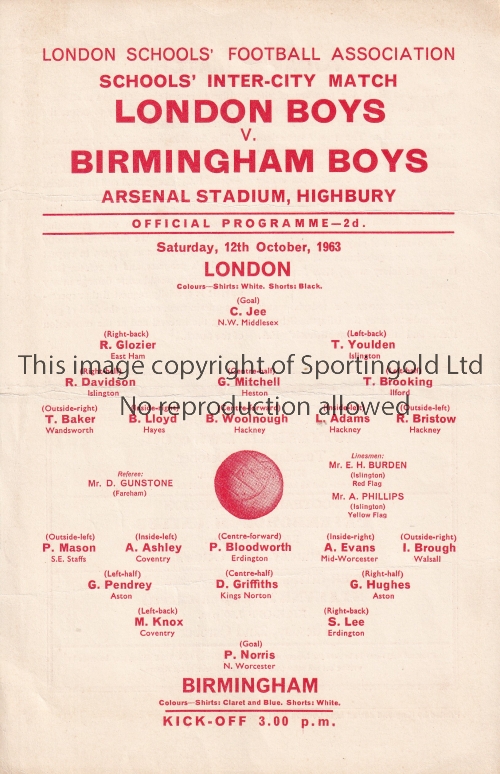 NEUTRAL AT ARSENAL 1963 Single card programme for London v Birmingham Boys, match 12/10/1963,