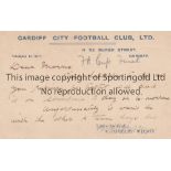 CARDIFF CITY Official postcard with a note regarding admittance to the 1927 FA Cup Final. Good