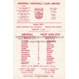 ARSENAL V WEST HAM UNITED 1973 Single card programme for the London Challenge Cup match at Arsenal