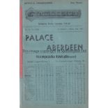 PALACE / ABERDEEN Single sheet programme Crystal Palace v Aberdeen Friendly 30/4/1935. Ex Bound