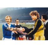 SCHUMACHER AND MILLS Col 12 x 8 photo of Ipswich Town captain Mick Mills shaking hands with his