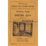 SWANSEA TOWN V EXETER CITY 1948 Programme for the League match at Swansea 21/2/1948, very slightly