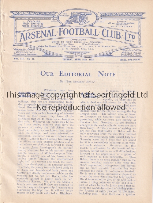 ARSENAL / WEST BROM Four page programme Arsenal v West Bromwich Albion 14/4/1925. Ex Bound Volume.