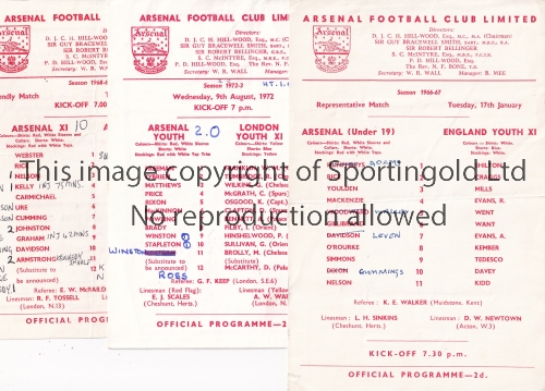 ARSENAL Three single card programmes for home Friendlies v. London Youth 72/3, England Youth 66/7