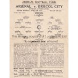 ARSENAL V BRISTOL CITY 1934 Single sheet programme for the London Combination match at Arsenal 2/4/