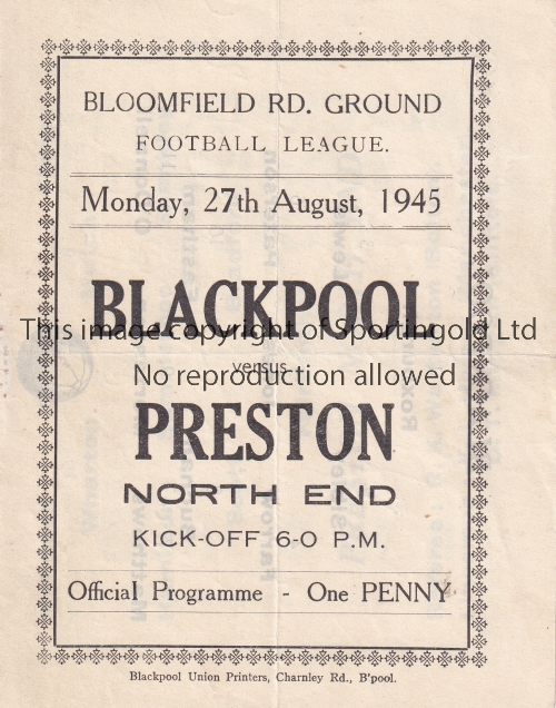 BLACKPOOL Four Page programme v Preston North End 27/8/1945. Light horizontal fold. No writing.