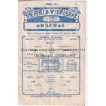 SHEFFIELD WEDNESDAY v ARSENAL 1933 Programme for the league match at Sheffield, 2nd September