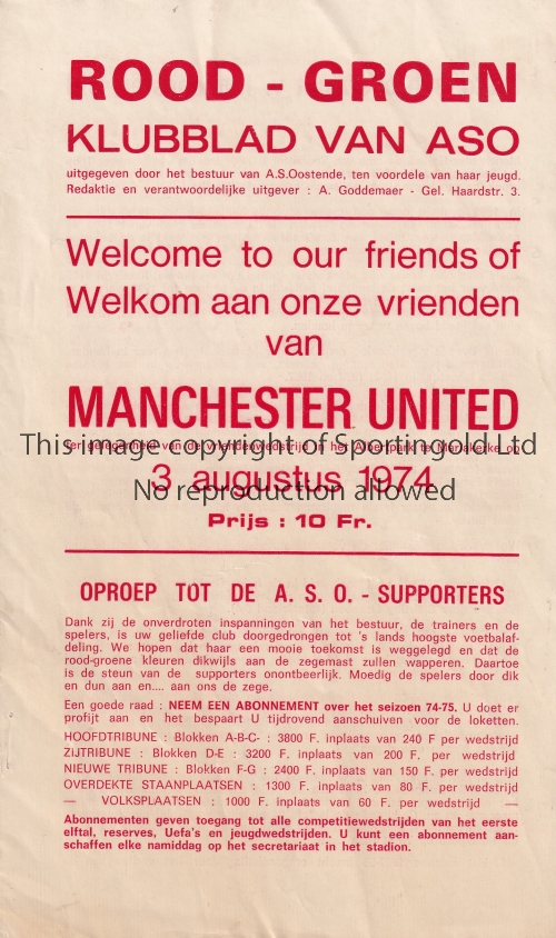 MANCHESTER UNITED Programme for the away Friendly v. A.S. Ostende 3/8/1974 numbers written inside.