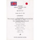JAPAN V ARSENAL 1968 A single card menu in English for a Luncheon at the Kyoto Station Hotel with