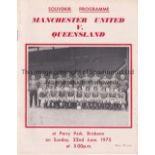 MANCHESTER UNITED Programme for the away Friendly v. Queensland 22/6/1975 in Brisbane. Good