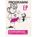 CARDIFF CITY Programme for the away ECWC tie v. Dynamo Berlin 15/9/1971. Good