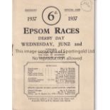 EPSOM DERBY Race card from the Epsom Derby 2/6/1937 won by Mid-day Sun. Usual results filled in.