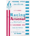 ARSENAL Programme for the away Friendly v. Racing Paris 11/11/1957. Good