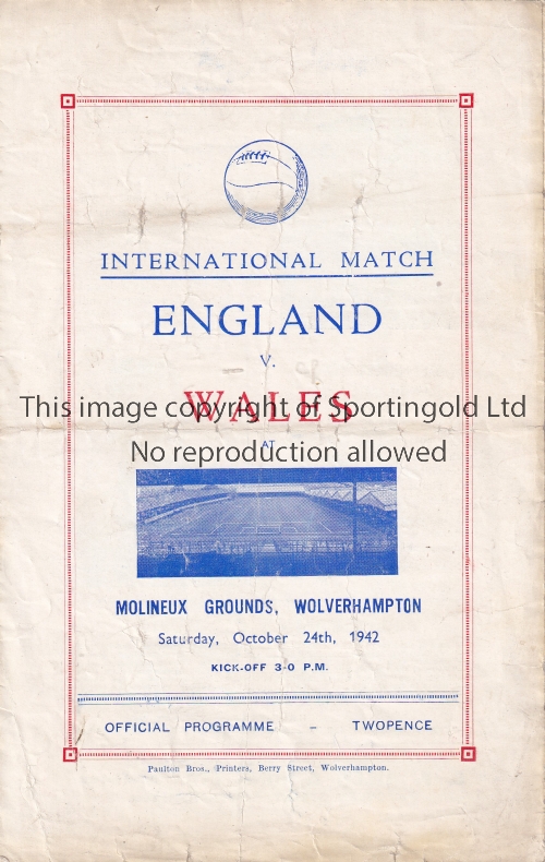 ENGLAND / WALES / WOLVES Four page programme England v Wales at Molineux ( Wolverhampton Wanderers )