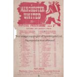 MAN UNITED Single sheet home programme v Derby County Reserves Central League 19/10/1946. Score,