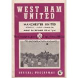 BOBBY MOORE DEBUT Programme for West Ham United at home v. Manchester United 8/9/1958. Bobby Moore