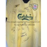 SIGNED LIVERPOOL SHIRT Liverpool yellow away replica shirt from the 2004/05 season signed by 14 of