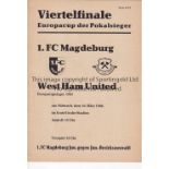WEST HAM Programme for the away ECWC tie v. 1.FC Magdeburg 16/3/1966. Good