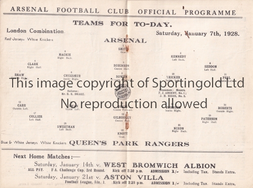 ARSENAL Home programme v Queen's Park Rangers Reserves 7/1/1928. London Combination. Lacks
