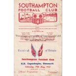 SOUTHAMPTON / F.O.B. Four page programme Southampton v KB Copenhagen Festival of Britain 19/5/