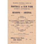 ARSENAL Single sheet programme for the away Friendly v Reading 30/9/1939. Generally good
