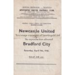 NEWCASTLE UNITED V BRADFORD CITY 1945 Programme for the FL North Cup match at Newcastle 7/4/1945,