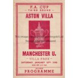 VILLA Pirate home programme printed by Ross v Manchester United FA Cup 3rd Round 10/1/1948. Light