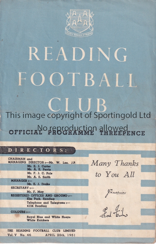 MANCHESTER UNITED Programme for the away Friendly v. Reading 25/4/1951, horizontal crease. Generally