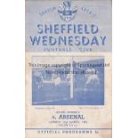 SHEFFIELD WEDNESDAY V ARSENAL 1953 Scarce 4 page programme for the League match at Hillsborough 2/