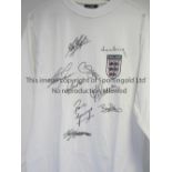 ENGLAND FOOTBALL AUTOGRAPHS A white long sleeve T-Shirt with the England badge on the chest signed