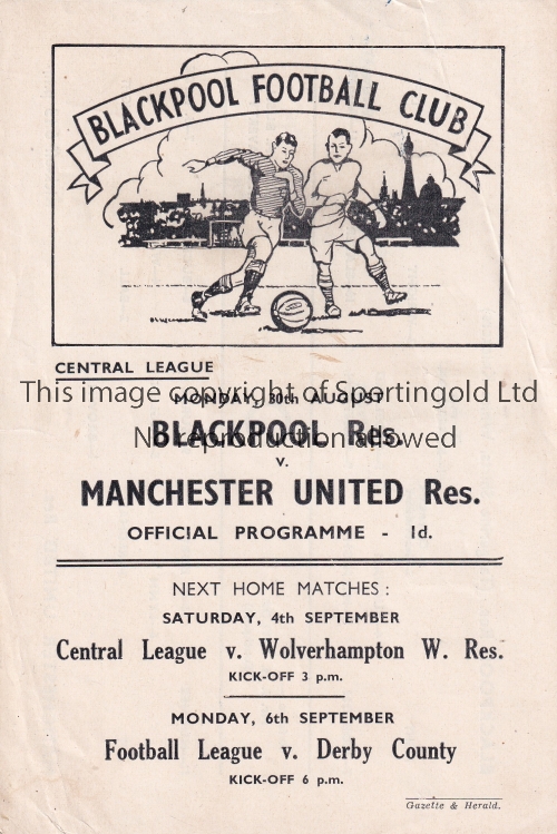 MANCHESTER UNITED Single sheet programme for the away Reserve team Central League match v