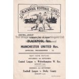 MANCHESTER UNITED Single sheet programme for the away Reserve team Central League match v