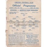 CHELSEA / ARSENAL / QPR Single sheet programme Arsenal v Queen's Park Rangers Football League