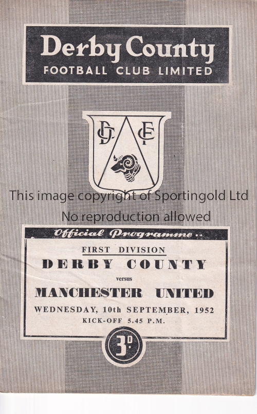 MANCHESTER UNITED Programme for the away League match v. Derby County 10/9/1952, slightly creased.