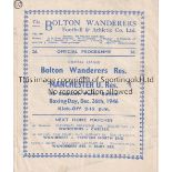 MANCHESTER UNITED Programme for the away Reserve team Central League match at Bolton 26/12/1946,