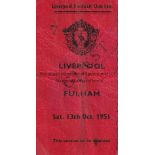 LIVERPOOL Ticket stub for home match v Fulham 13/10/1951. Gum and paper abrasion on reverse. Fair to