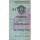 LIVERPOOL Ticket stub for home match v Sunderland 15/9/1951. Light gum on reverse. Generally good