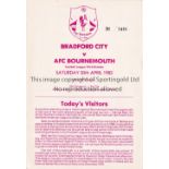 GEORGE BEST Programme for the Bournemouth away match at Bradford City 30/4/1983 in which Best played
