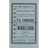 WIMBLEDON Programme (4 Page) PO Engineers v Wimbledon Surrey Senior Cup 2nd Round 12/2/1938.