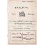 BRADFORD PARK AVENUE V ACCRINGTON STANLEY 1952 Programme for the League match at Bradford 23/2/1952,