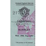 LIVERPOOL Ticket stub for home match v Burnley 29/8/1951. Light gum on reverse. Generally good