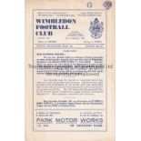 WIMBLEDON Home programme v. Bury Town 28/11/1964 in the Met. League. Small writing on cover.