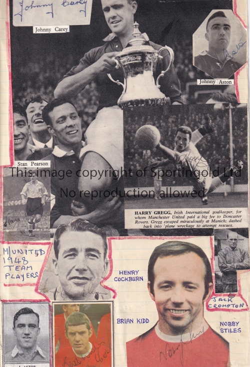 MAN UNITED - AUTOGRAPHS A montage of Manchester United autographs on a large scrapbook page with