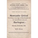 NEWCASTLE V DARLINGTON 1945 Programme for the FL North Cup match at Newcastle 24/3/1945, slightly