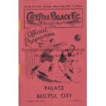 CRYSTAL PALACE V BRISTOL CITY 1935 Programme for the League match at Palace 16/3/1935, slight