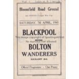 BLACKPOOL V BOLTON WANDERERS 1945 Programme for the FL North War Cup match at Blackpool 7/4/1945,