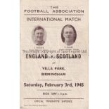 ENGLAND V SCOTLAND 1945 AT ASTON VILLA Programme for the International 3/2/1945