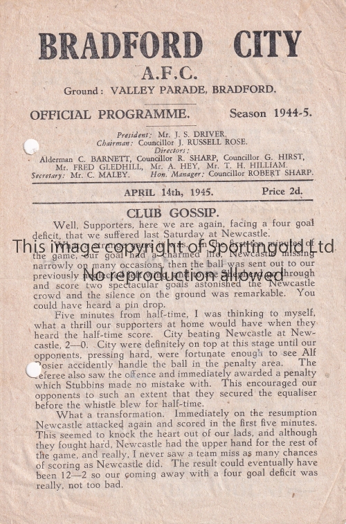 BRADFORD CITY V NEWCASTLE UNITED 1945 Programme for the FL North Cup match at Bradford 14/4/1945,