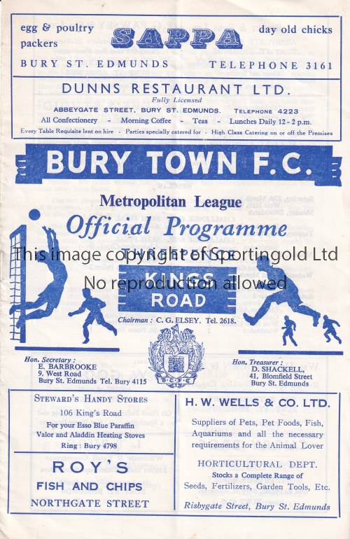 WIMBLEDON Programme for the away Met. League match v. Bury Town 10/4/1965, vertical crease and